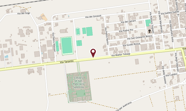 Mappa dei Giardini Forum Eventi a San Pancrazio Salentino (BR): il punto dell'evento e segnalato lungo Via Walter Tobagi.